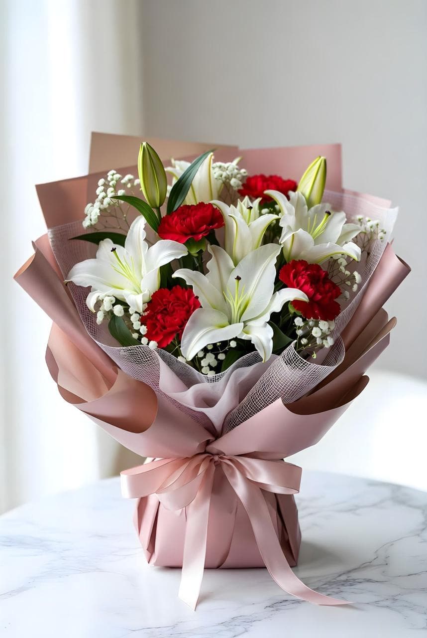 Ramo Cono de lirios y rosas en papel coreano